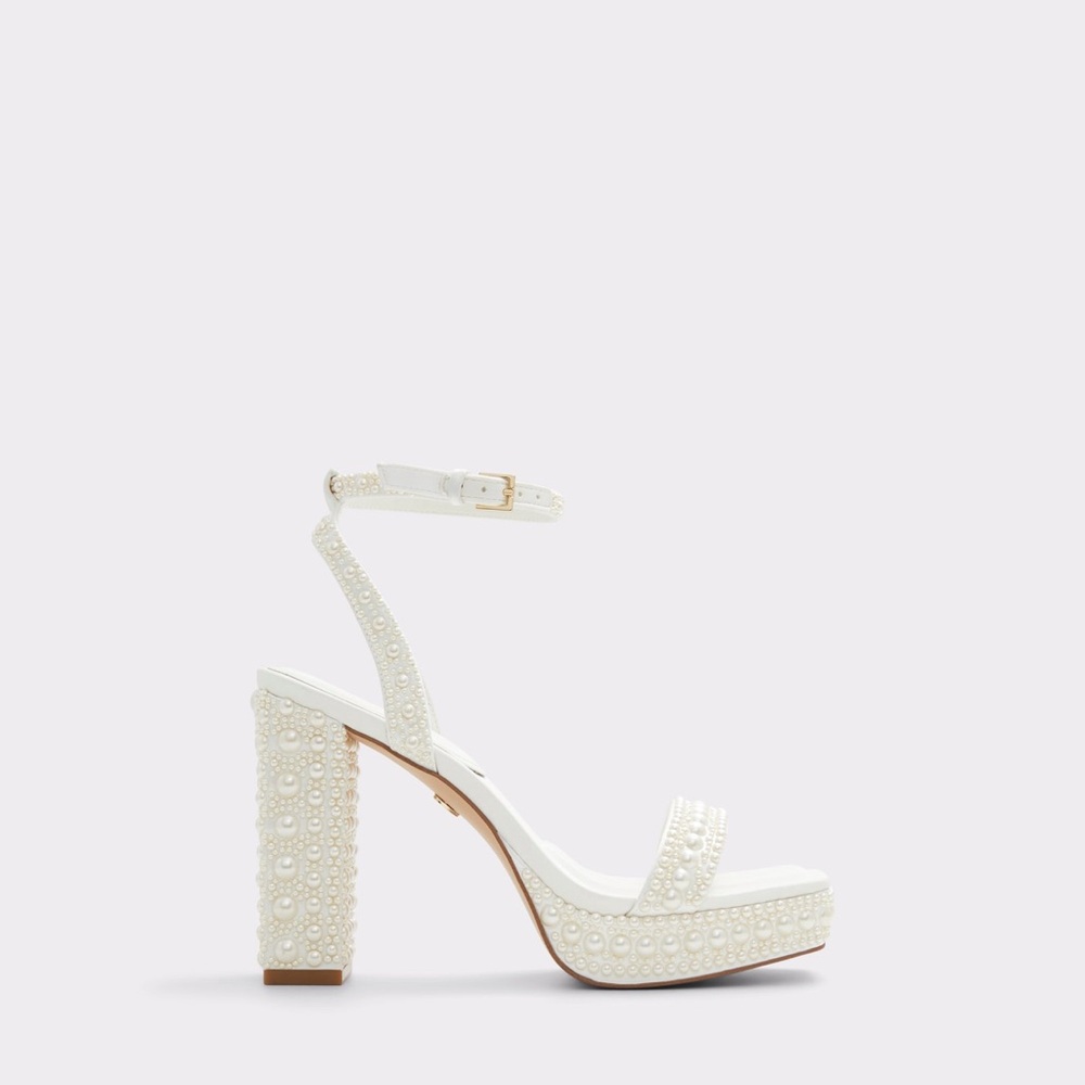 Elegant White Pearl-Embellished Heels - Size 5